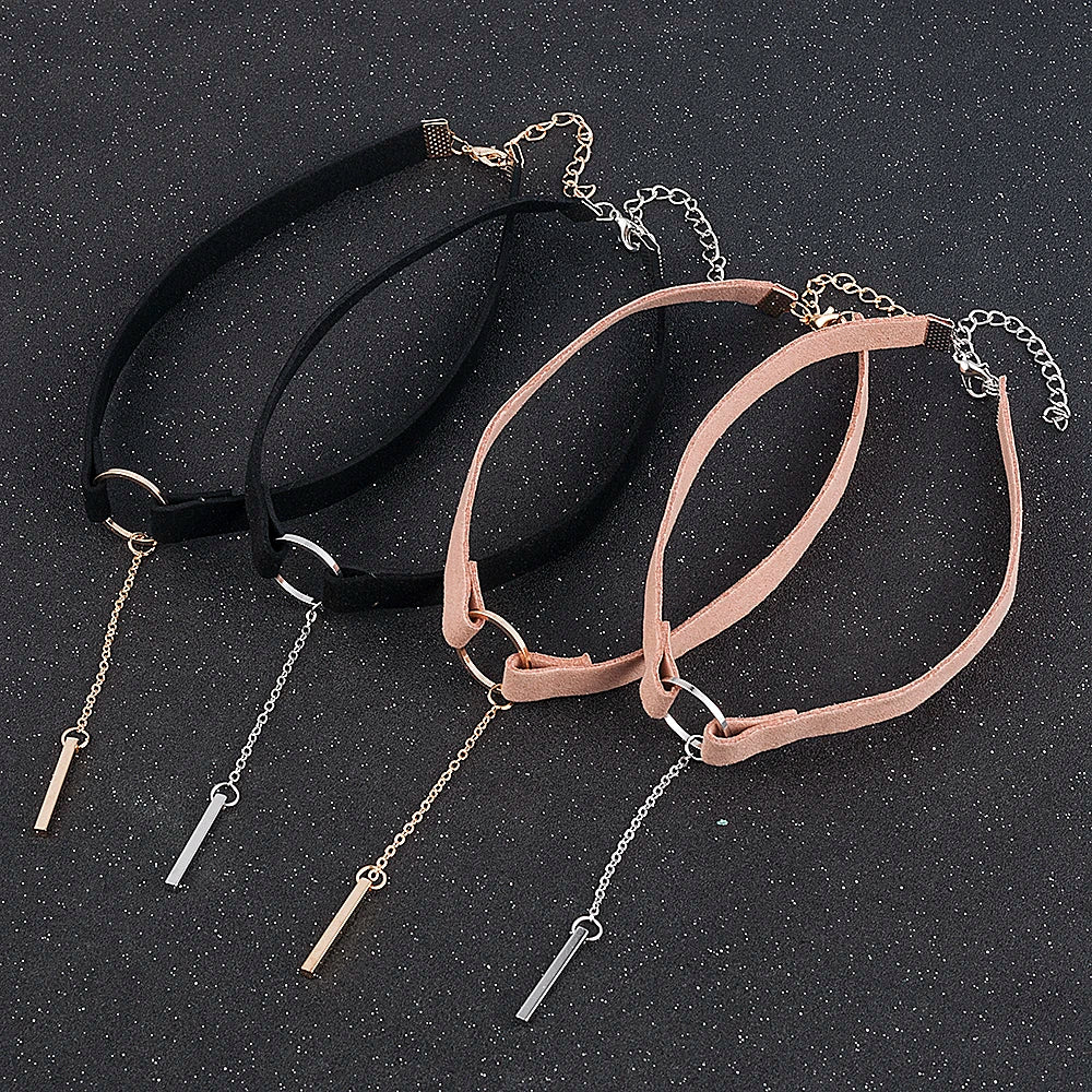 90'S Punk New Fashion 4 Colors Leather Choker Necklace Gold Color Geometry With Round Pendant Collar Necklace For Women Girls - HIMMLICH.DE