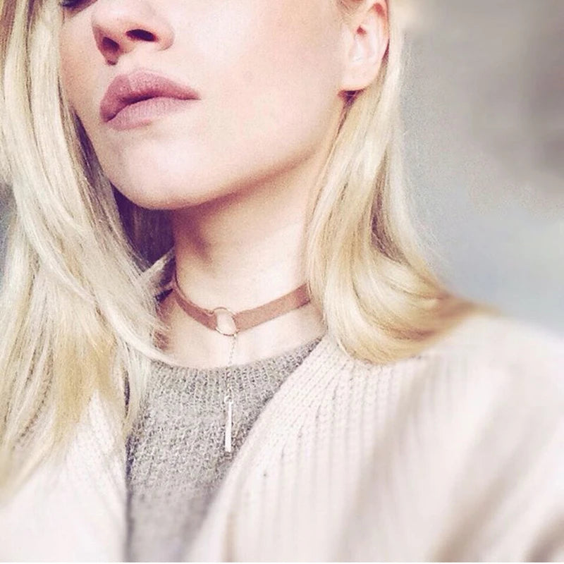 90'S Punk New Fashion 4 Colors Leather Choker Necklace Gold Color Geometry With Round Pendant Collar Necklace For Women Girls - HIMMLICH.DE