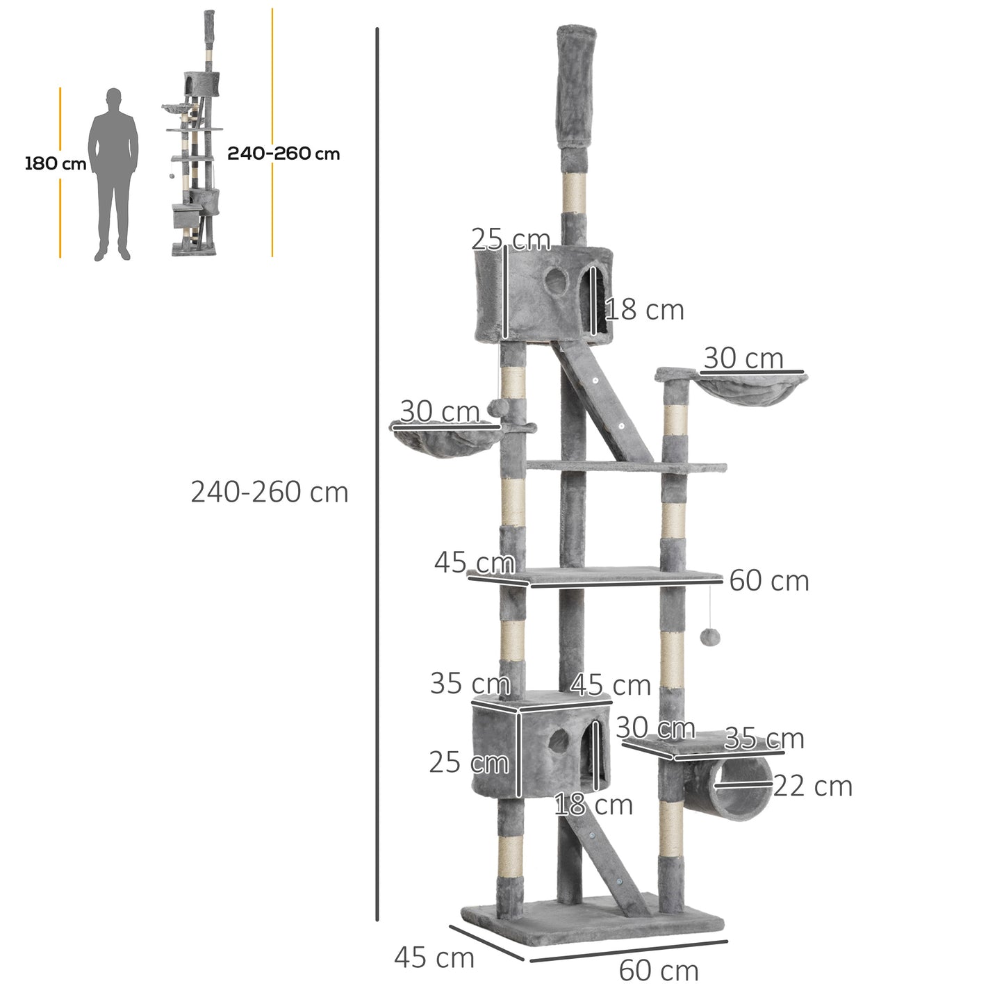 Katzenkratzbaum 240-260 Cm Deckenhoch Kratzbaum Groß Kletterbaum Katze Kratzbaum Für Große Katzen Mit Sisalseil Hellgrau - HIMMLICH.DE Kratzbaum