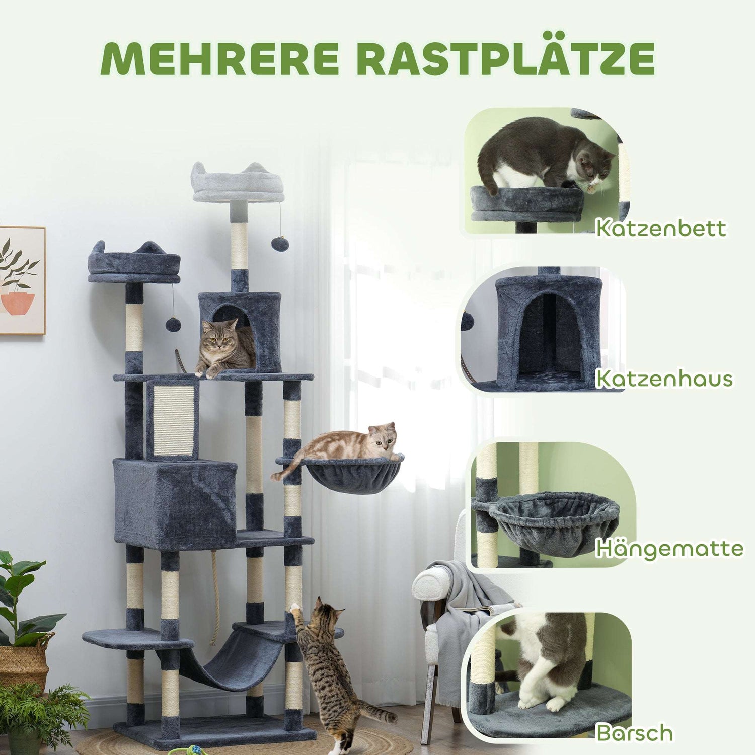 Kratzbaum 206 Cm Katzenturm Mit Höhle, 2 Spielballen, Sisalstämme, Plattform Für Große Katzen, Dunkelgrau - HIMMLICH.DE  Kratzbaum