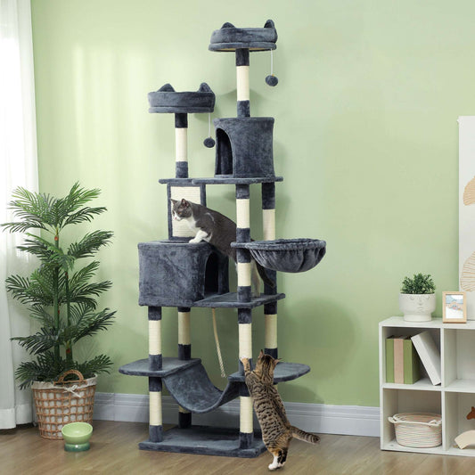 Kratzbaum 206 Cm Katzenturm Mit Höhle, 2 Spielballen, Sisalstämme, Plattform Für Große Katzen, Dunkelgrau - HIMMLICH.DE  Kratzbaum