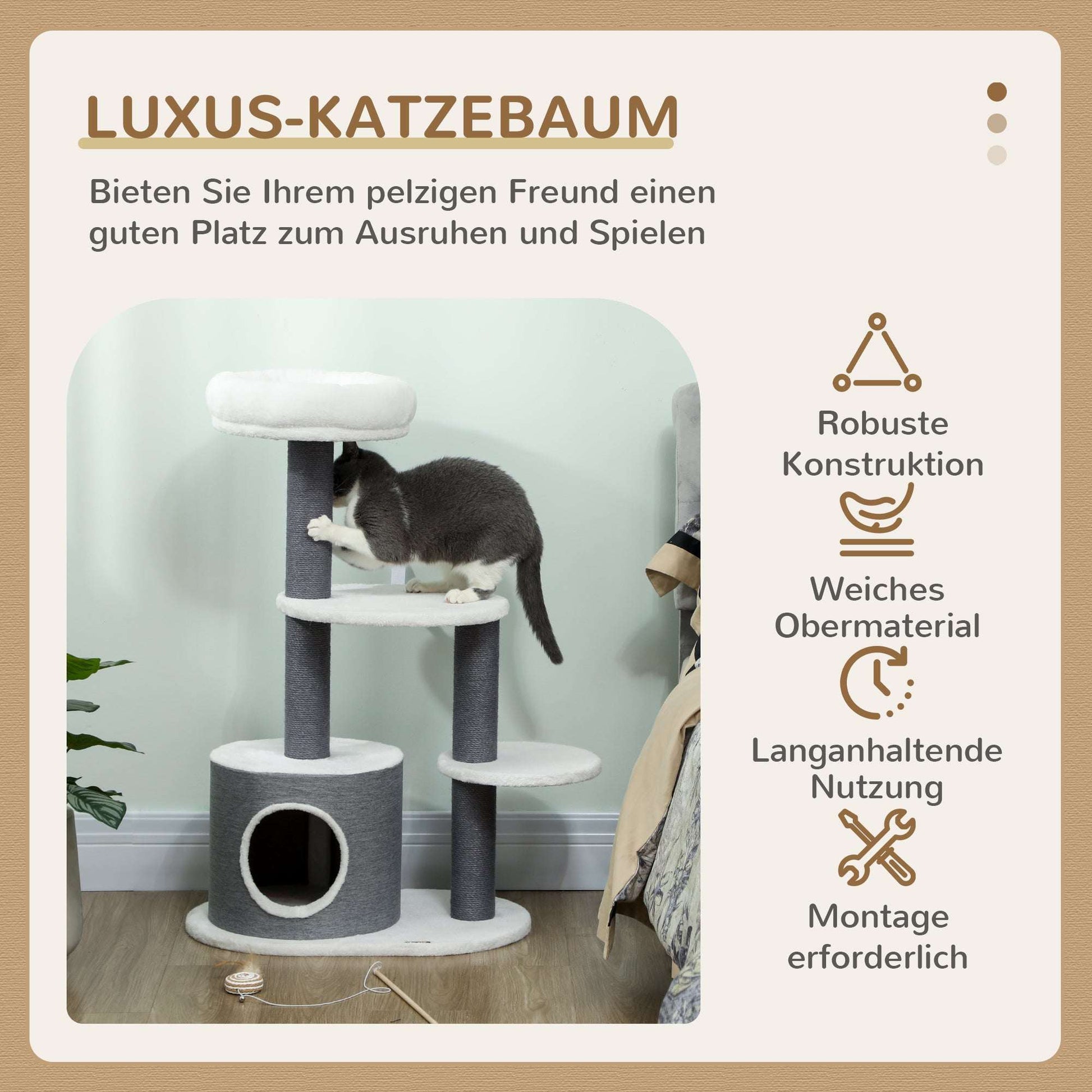 Kratzbaum Mit 1 Katzenhöhle, 1 Katzenbett, 2 Plattformen, Jute-Seilspfosten, Weiß + Grau - HIMMLICH.DE  Kratzbaum
