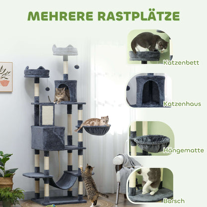 Kratzbaum 206 Cm Katzenturm Mit Höhle, 2 Spielballen, Sisalstämme, Plattform Für Große Katzen, Dunkelgrau - HIMMLICH.DE  Kratzbaum