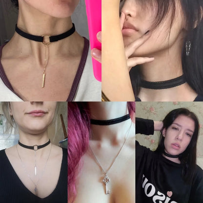 90'S Punk New Fashion 4 Colors Leather Choker Necklace Gold Color Geometry With Round Pendant Collar Necklace For Women Girls - HIMMLICH.DE