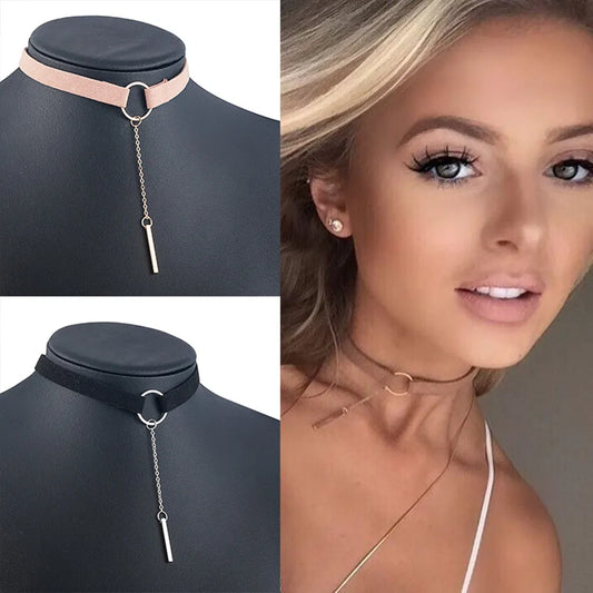 90'S Punk New Fashion 4 Colors Leather Choker Necklace Gold Color Geometry With Round Pendant Collar Necklace For Women Girls - HIMMLICH.DE