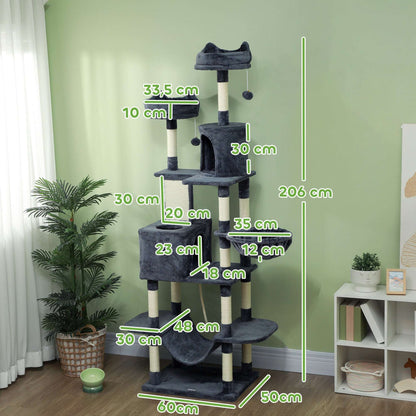 Kratzbaum 206 Cm Katzenturm Mit Höhle, 2 Spielballen, Sisalstämme, Plattform Für Große Katzen, Dunkelgrau - HIMMLICH.DE  Kratzbaum